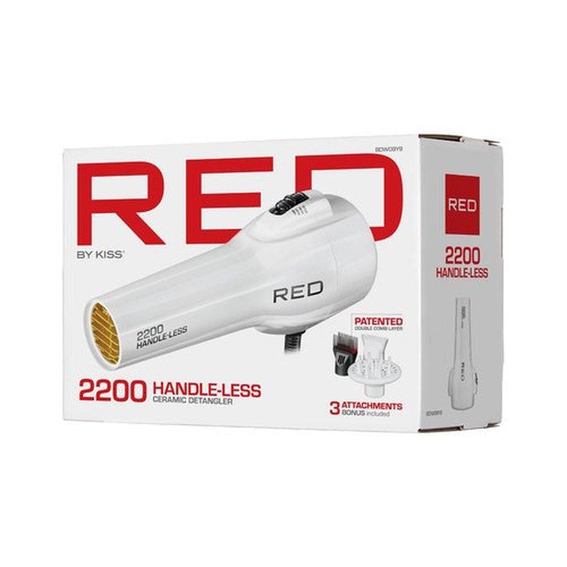 Red by KISS HandleLess Blow Dryer 2200W Ceramic Tourmaline White Color, 3 Heat Settings, Pik and Diffuser Included Comfortable Grip, Ionic for Frizz-Free Shine, Detangler & Straightening