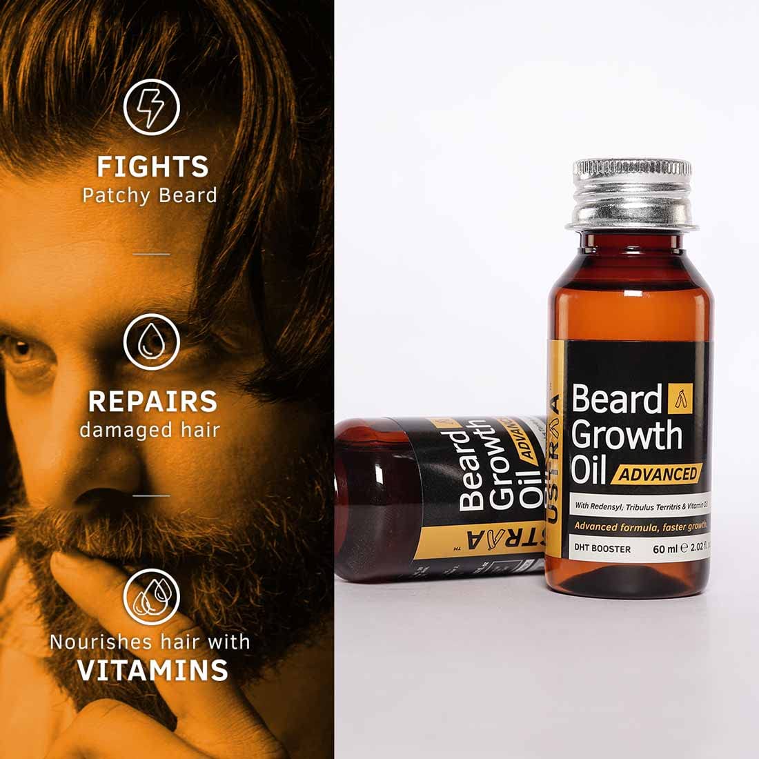 Ustraa Beard Growth Oil Advanced - 2oz - For Patchy Beard, With Redensyl, DHT Booster, Nourishment & Moisturization, No Harmful Chemicals