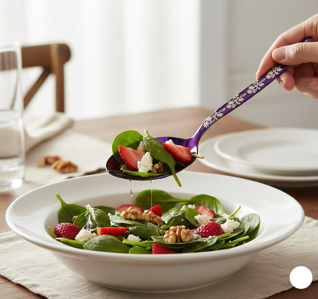 BNAZIND Chef Kunz Spoon Purple | Silverware 18/10 Stainless Steel Silver Cooking Serving Spoon | 9 Inch Saucing, Plating, Basting, Quenelle, Daily Chef Spoons | Dishwasher safe