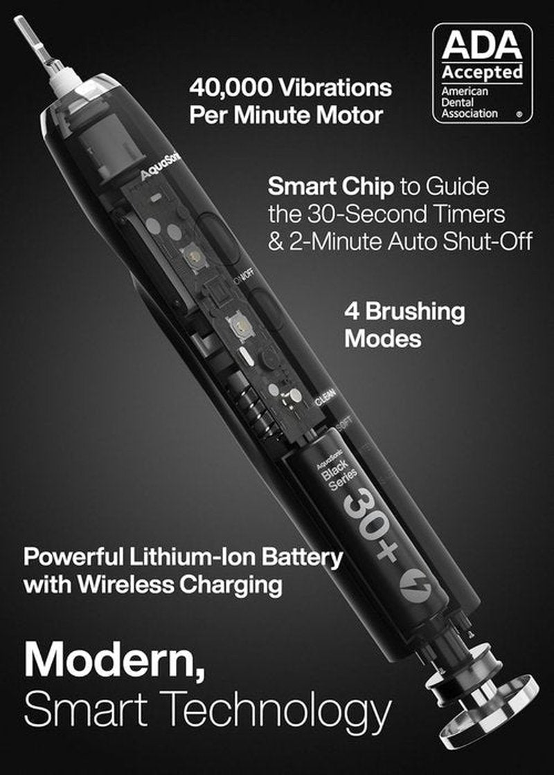 Aquasonic Black Series Ultra Whitening Toothbrush - ADA Accepted Electric Toothbrush | 8 Brush Heads & Travel Case, 40,000 VPM Motor