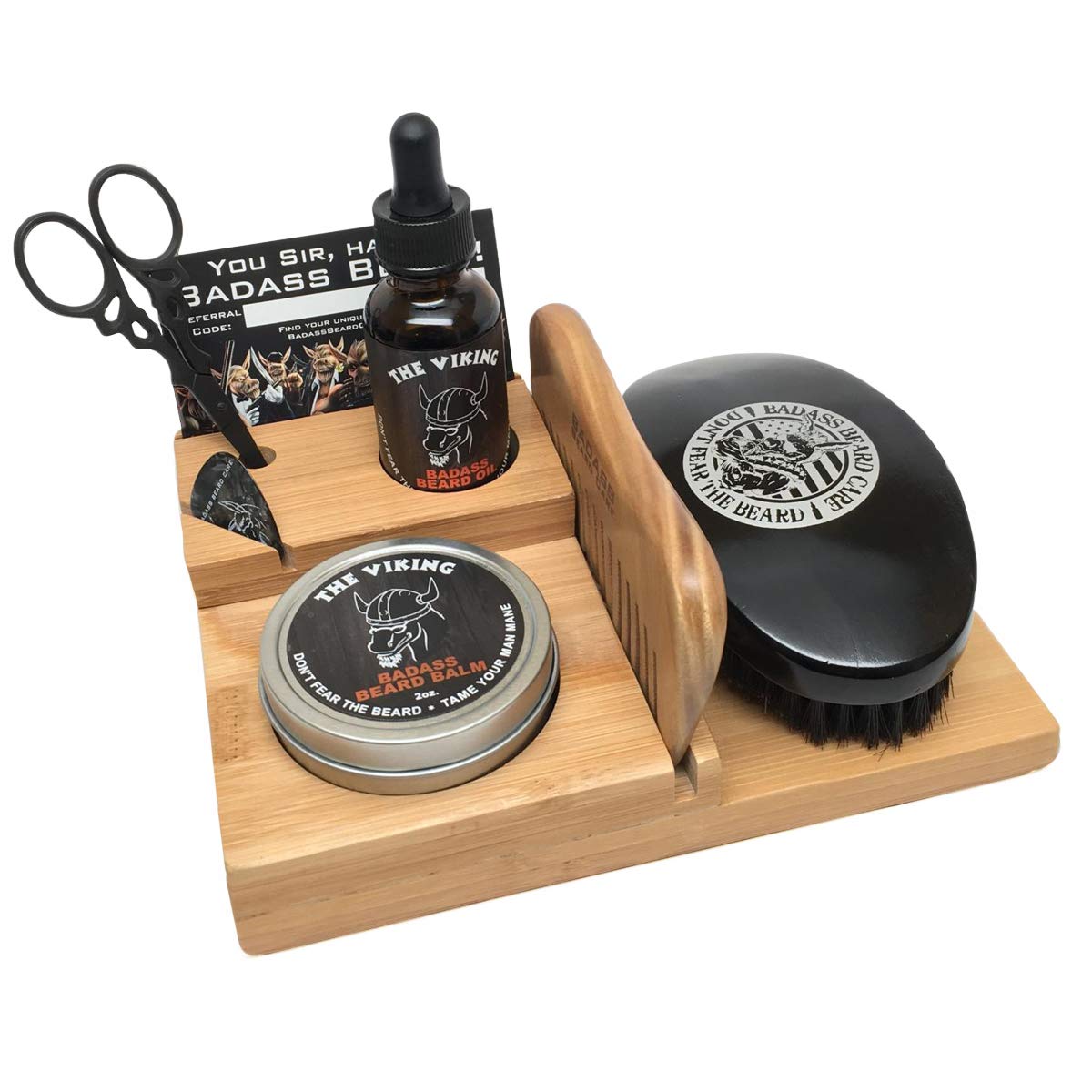 Badass Beard Care The Loaded Full Size Caddy Features Our Handmade, Solid Bamboo - Includes 1oz of Beard Oil, 2oz of Balm or Wax, Comb, Boars Hair Brush & Mustache Scissors of Your Choice