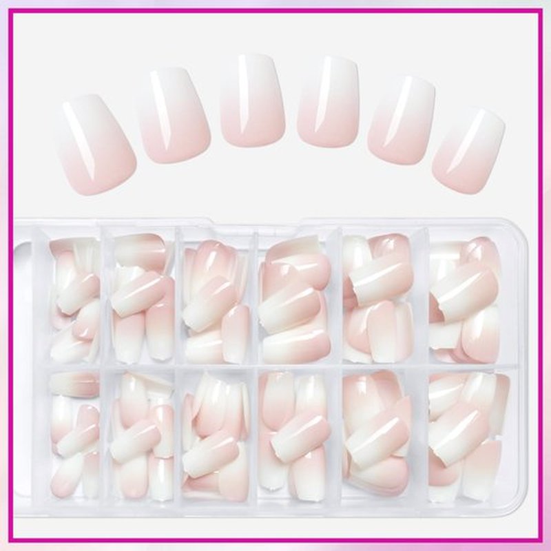 Loveourhome 144pc Ombre Coffin Press on Nails Short Fake Nails Pink White Glue on Nail Ombre Acrylic Nails Press on Nails Short False Nail Women Artificial Fingernails with Glue Adhessive Tabs