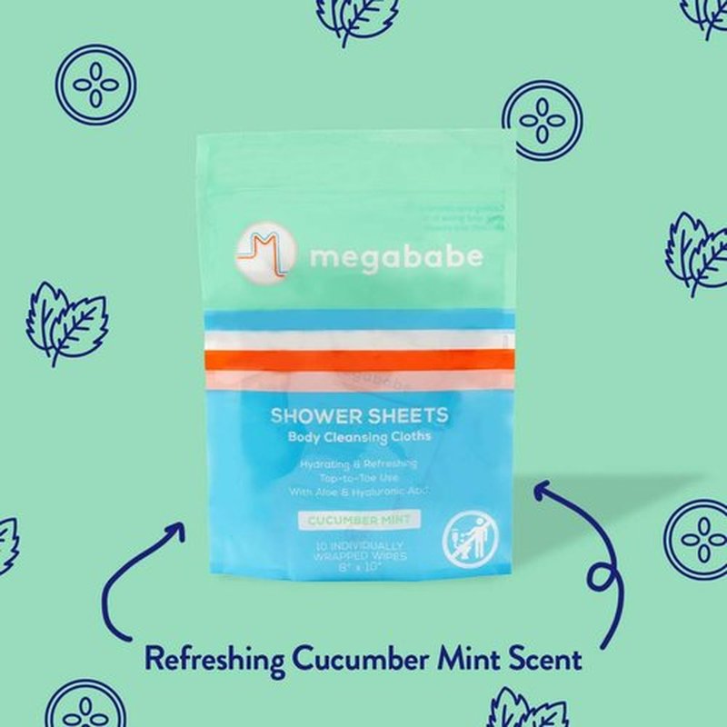 Megababe Cucumber Mint Shower Sheets | Spring Break Essential | Individually Wrapped Body Cleansing Cloths | 10 Wipes (Pack of 1)