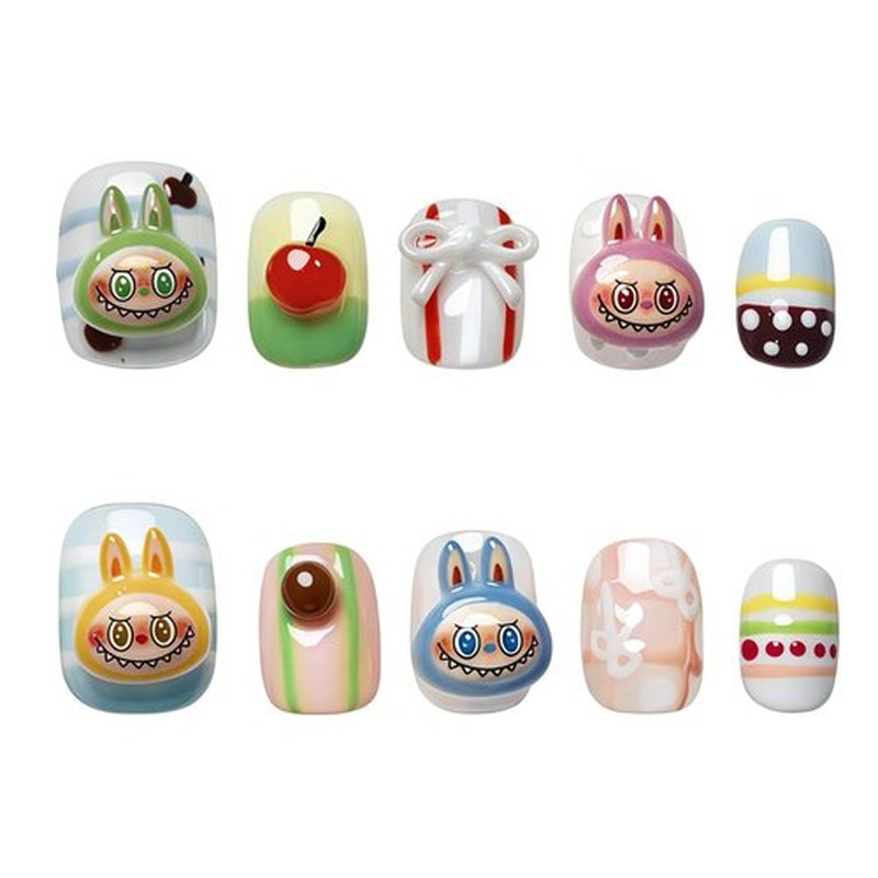 Tesytto 3D Cherry Press on Nails Short Square - Cute Cartoon Design with Mini Bow Charms, Colorful Kawaii False Nails for Women and Girls (Cartoon-A,S)