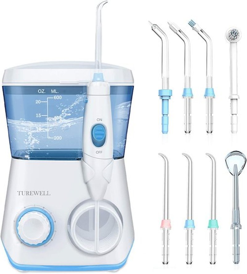 TUREWELL Water Flosser - 600ML Electric Oral Irrigator with 10 Adjustable Pressure Settings | 8 Jet Tips for Family Use (White)