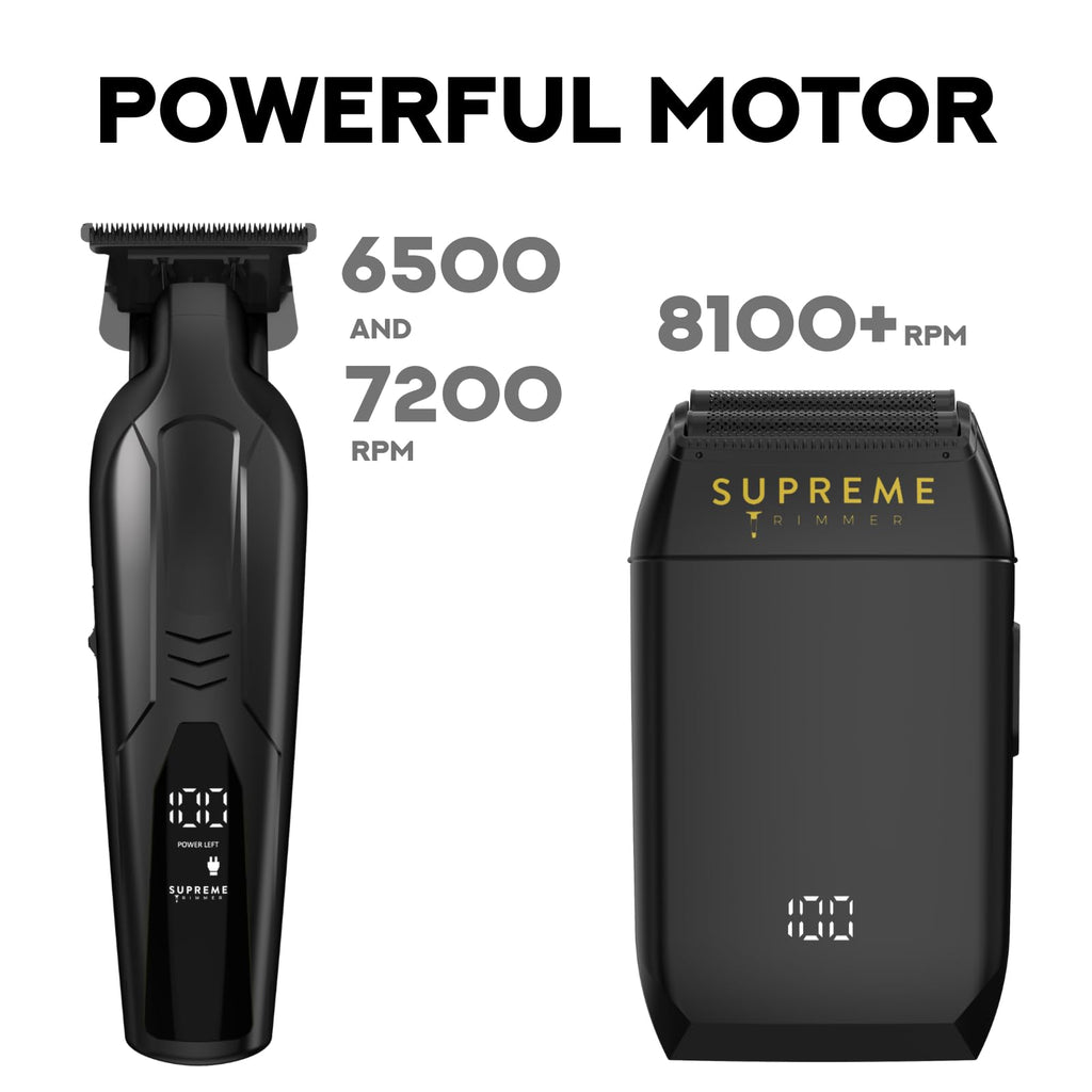 Supreme Trimmer Vader Trimmer & Crunch Foil Shaver Barber Haircutting Kit | Professional DLC T-Blade Beard Trimmer & Waterproof IPX6 Shaver Set | Black Lite