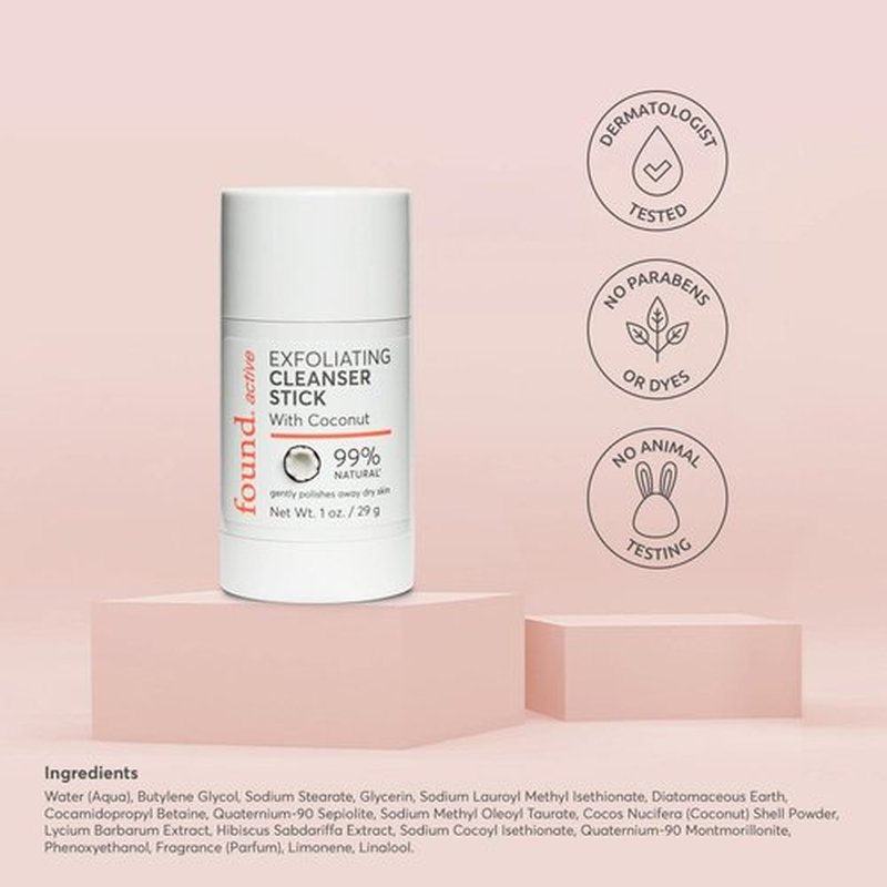 Found Active Exfoliating Cleansing Stick with Coconut, Fuss-Free, Purifies Pores & Scrubs Away Dullness, Convenient for the Gym, Travel, & Everyday Use, 1 Oz
