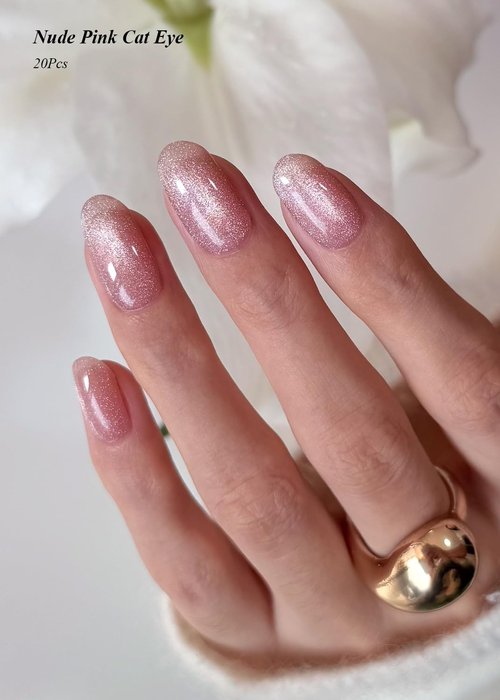 AutyaMee Semi Cured Gel Nail Strips (Nude Pink Cat Eye), Light-Chasing, 20 Pcs Gel Nail Wraps, Stickers, Works with Any UV Lamps