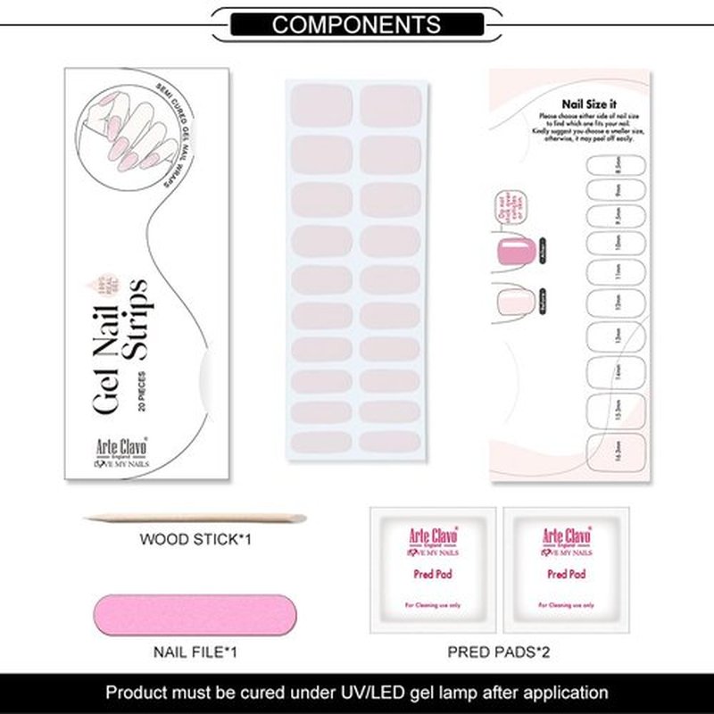 Arte Clavo Semi Cured Gel Nail Strips, 20 Pcs Gel Nail Stickers with UV Light Required, Salon Quality, Long Lasting, Easy Apply and Remove (Skin Pink)