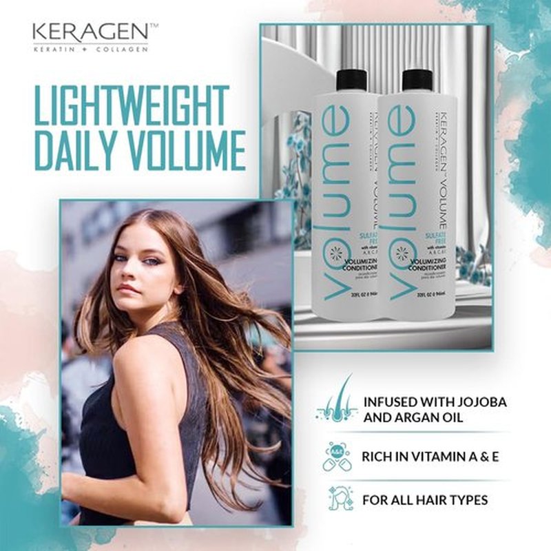 KERAGEN - Volumizing Conditioner for Fine Hair with Keratin and Collagen, Sulfate Free 32 Oz - Add Thickness, Hydrates and Enhances Hair Volume, with Panthenol, Vitamins, and Jojoba Oil