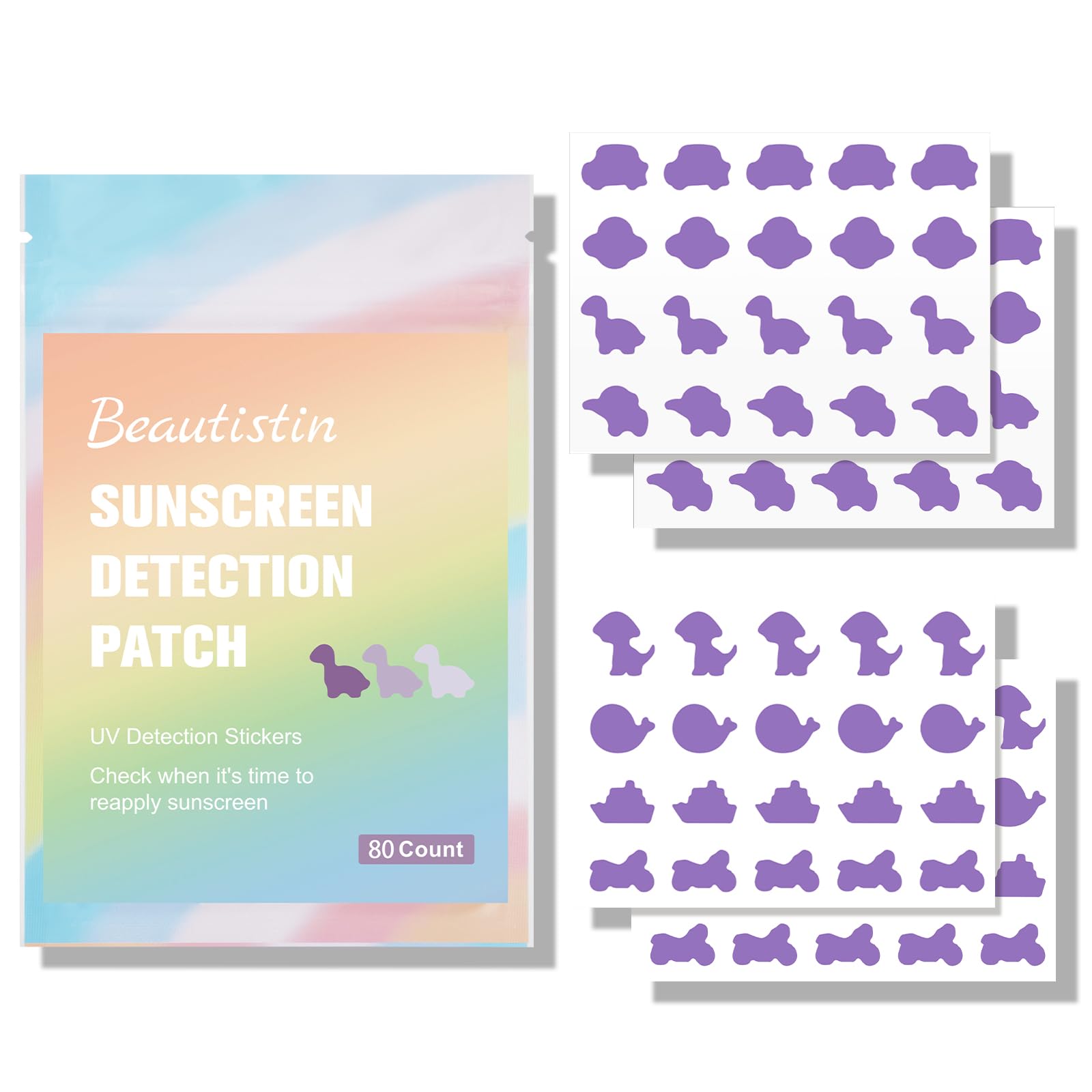 UV Detection Stickers for Sunscreen - 80 Count UV Detection Stickers, Know When to re-Apply Sunscreen, Sun Protection Reminder, 8 Pattern Types