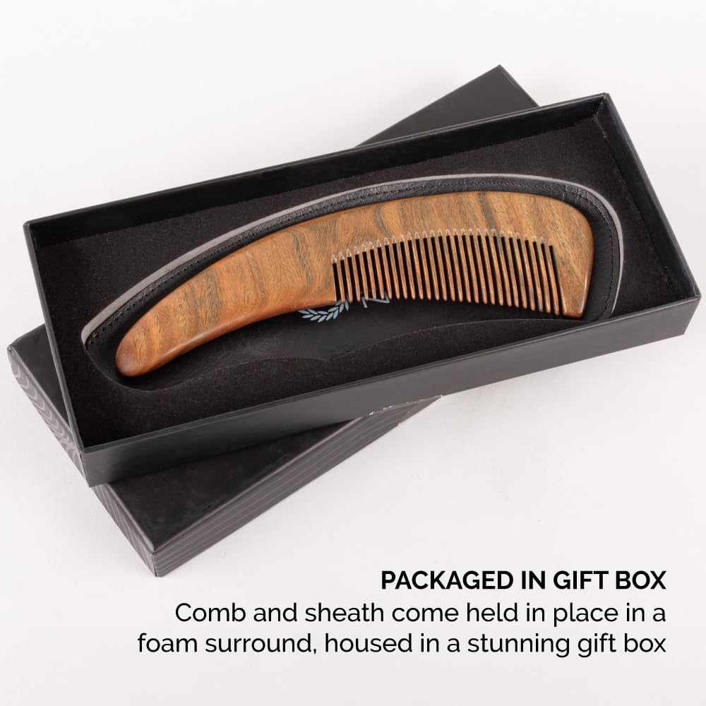 ZEUS Curved Sandalwood Beard Comb for Men in Gift Box with Sheath (M31)