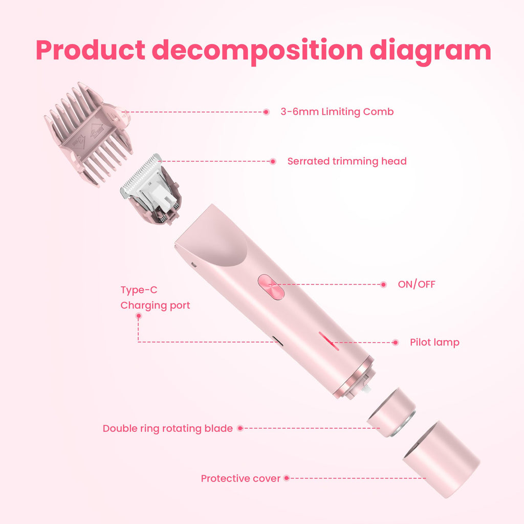 Bikini Trimmer for Women-2 in 1 Dual Head Electric Razors,USB Rechargeable Bikini Electric Shaver,IPX7 Waterproof Dry & Wet Use Body Hair Trimmer and Facial Hair Remover for Underarm Leg Body,Pink