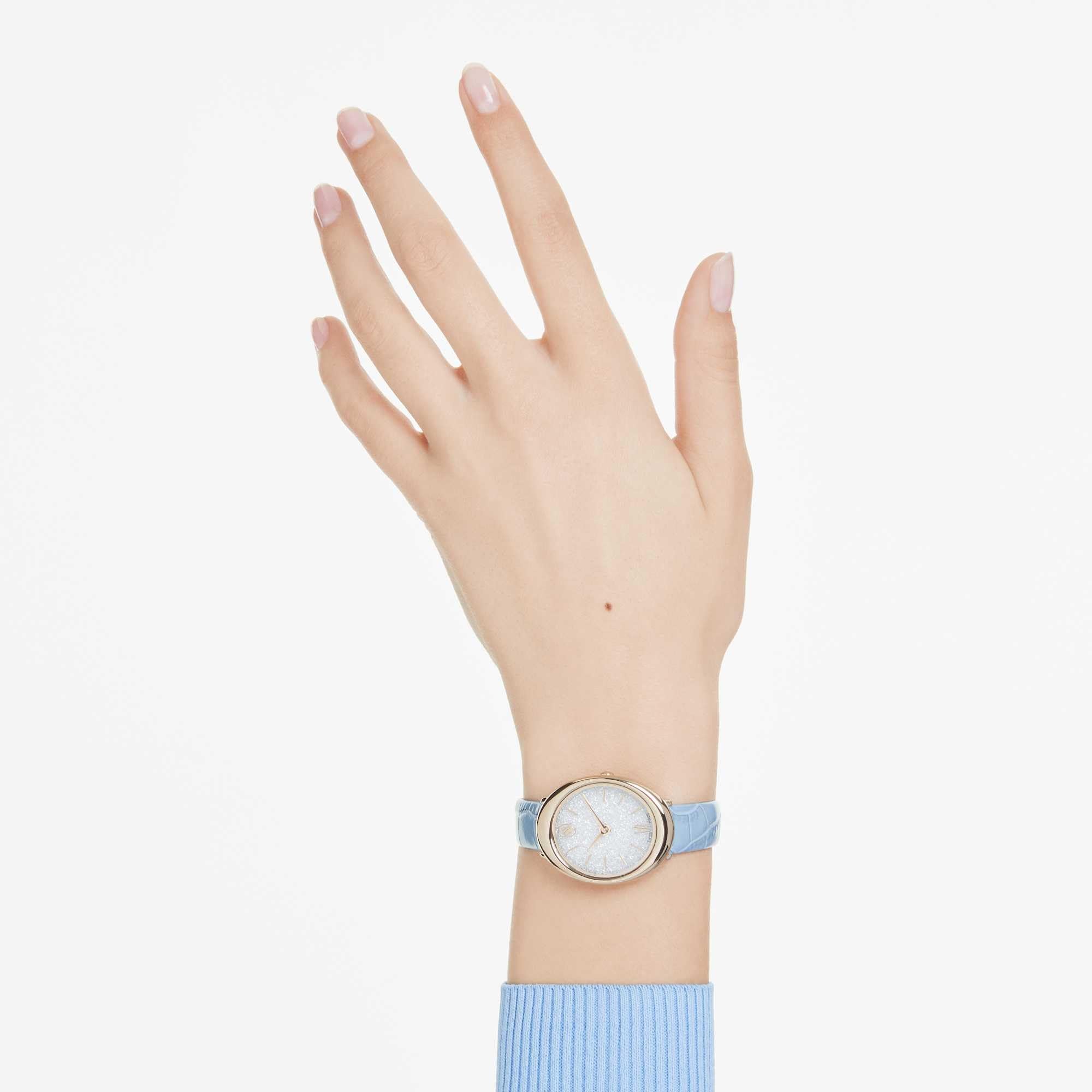 Swarovski Imber Watch, Swiss Made, Leather Strap, Blue, Champagne Gold-Tone Finish