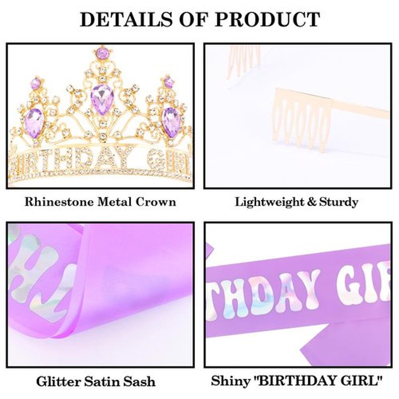 AHONEY Birthday Girl Crown and Sash for Girls Women Pastel Rainbow Party Headband Princess Tiara Purple Birthday Decorations Accessories
