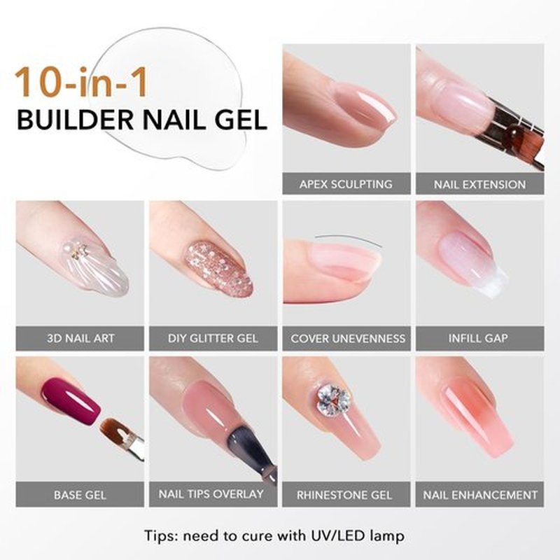 GAZEPLUS 3Pcs 15ml Builder Nail Gel with Base and No Wipe Top Coat Set 10-in-1 Clear Builder Gel With Top and Base Coat Shine Finish and Long Lasting for Christmas Gift Nail Extension Strengthener