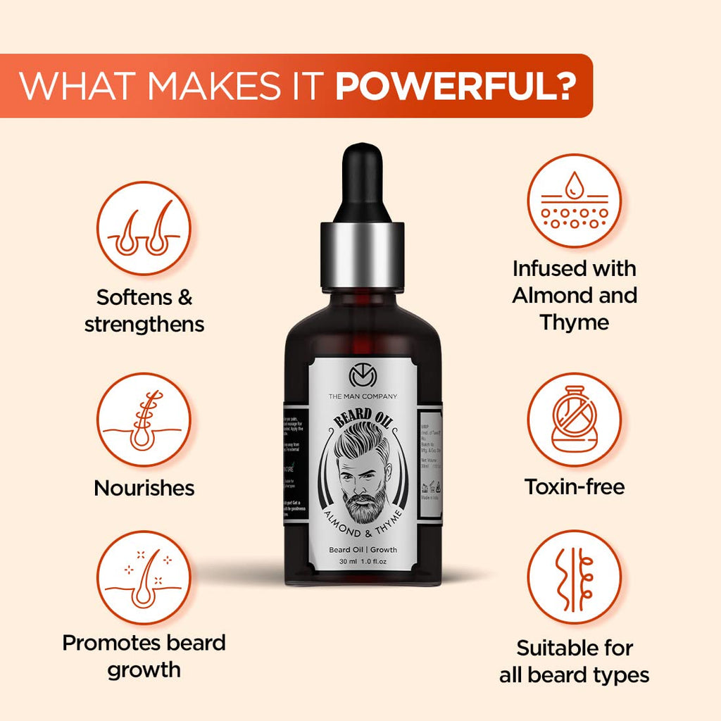 The Man Company 100% Natural Beard Oil for Men with Almond Oil, Thyme, Argan, and Jojoba Oil for Faster Beard Growth - 1.1 Oz | Beard Conditioner Oil, Softens & Strengthens Beards and Mustaches