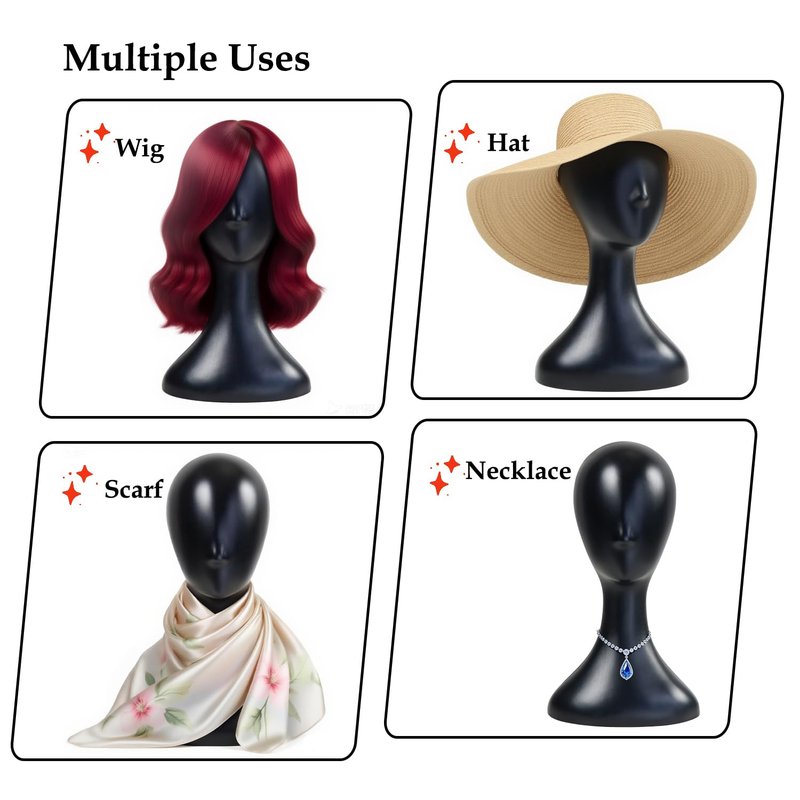 WiZiWi Mannequin Head 16 Inch Professional Plastic Black 1PC with Jack,Durability Multi-Purpose Women Model Wig Stand,Suitable For Displaying and Styling Wigs,Hats,Masks,Headdresses and Necklaces