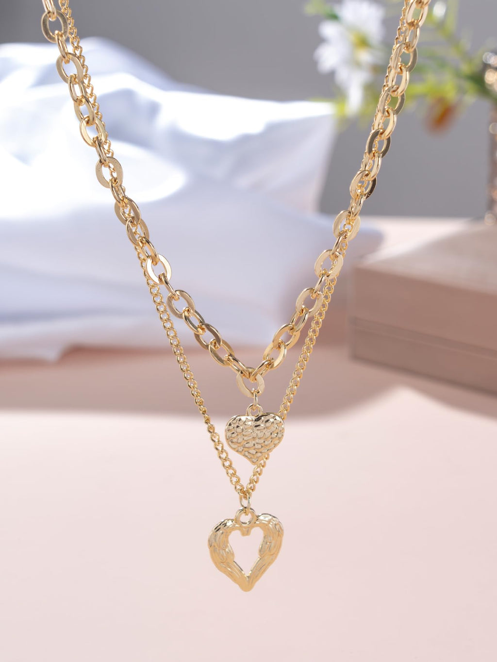 Angel Wings Loving Heart 14K Gold Plated Necklace Personality Hollow Heart Pendant Double-Deck Two Lobster Clasp Adjustable Extender