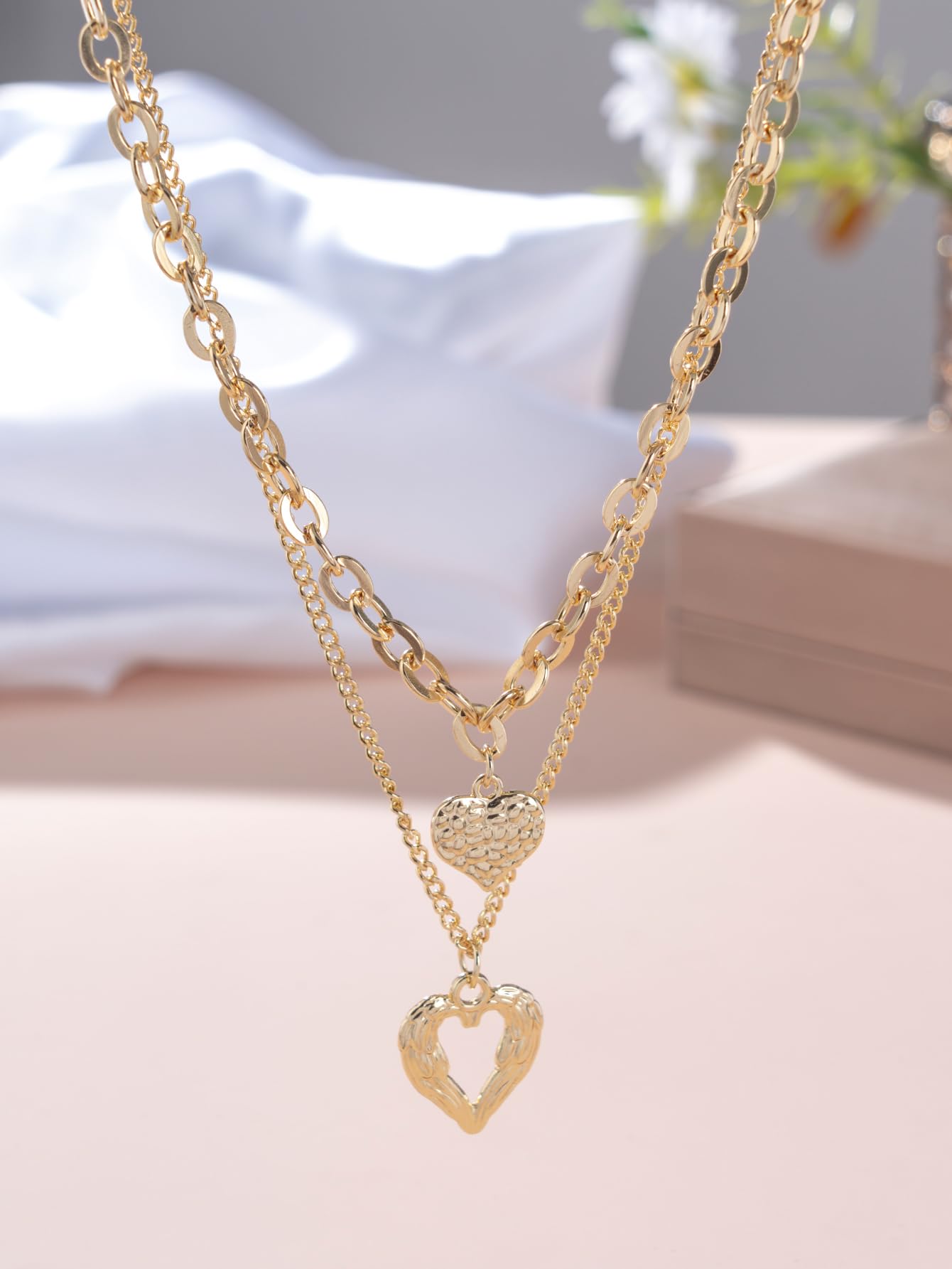 Angel Wings Loving Heart 14K Gold Plated Necklace Personality Hollow Heart Pendant Double-Deck Two Lobster Clasp Adjustable Extender
