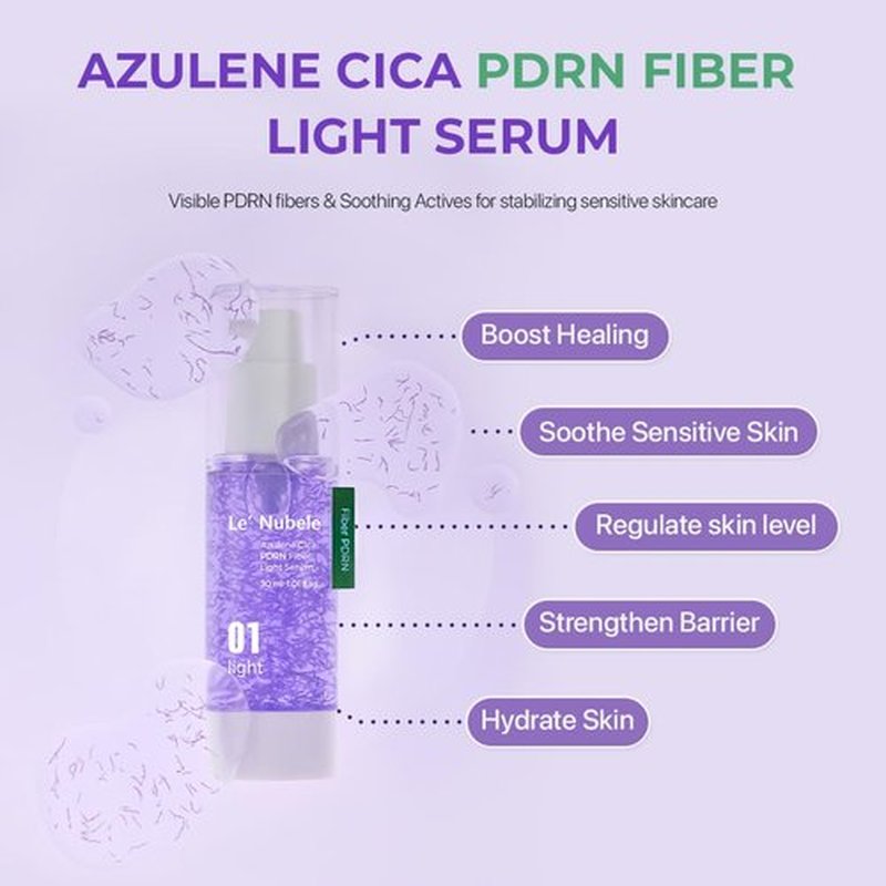 Le Nubele Azulene Cica PDRN Fiber Light Serum 01, Salmon DNA PDRN 2,000ppm, Peptide, Panthenol, Skin Restoration, Barrier-Repair, Hydrating & Firming, Korean Skin Care, 30ml/1.01 fl.oz.