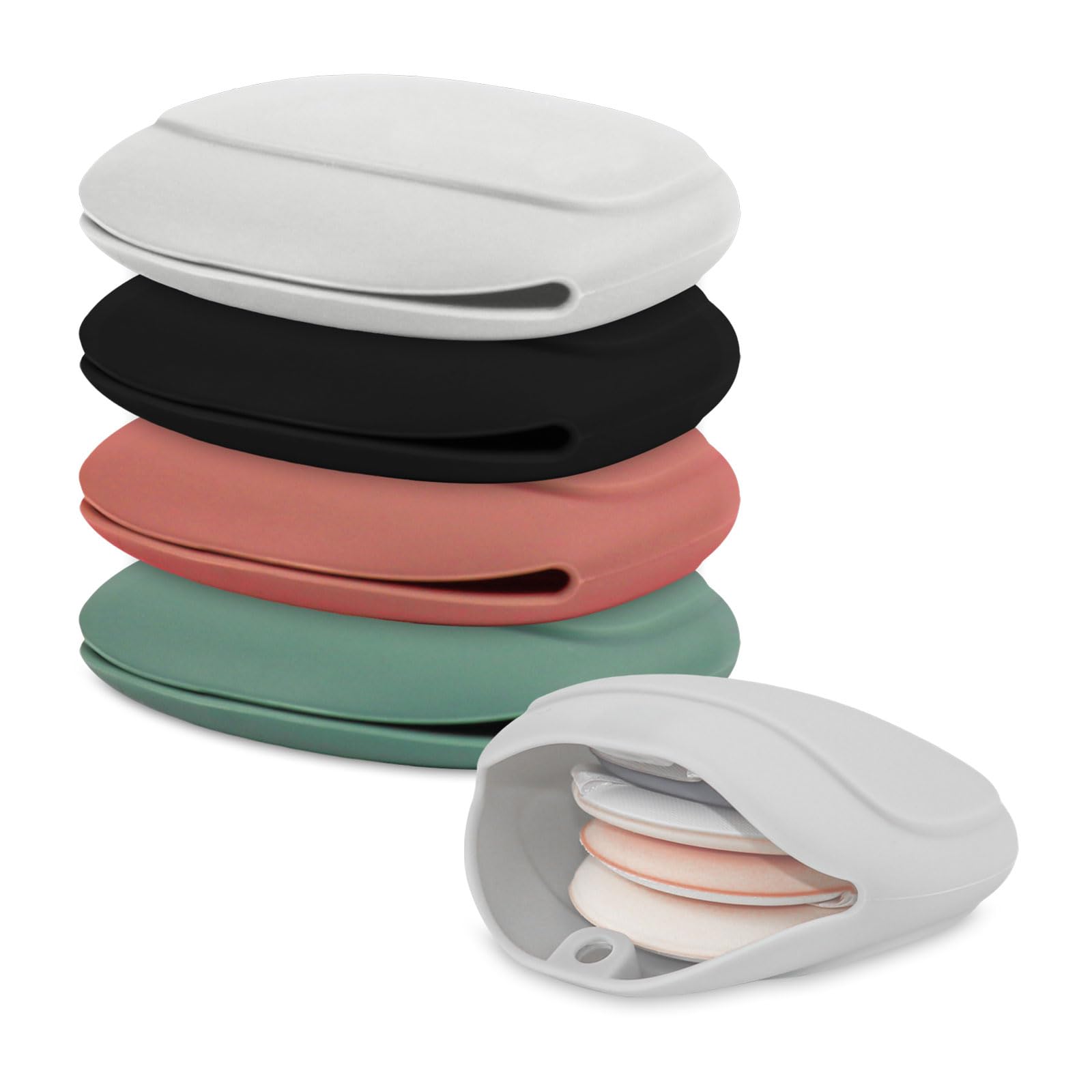 Silicone Cotton Round Holder Cosmetic Cotton Pad Holder Multiple Colors Portable Travel and Sealed Suitable for Makeup Remover Balls 4 Pack (Green Gray Red Black)