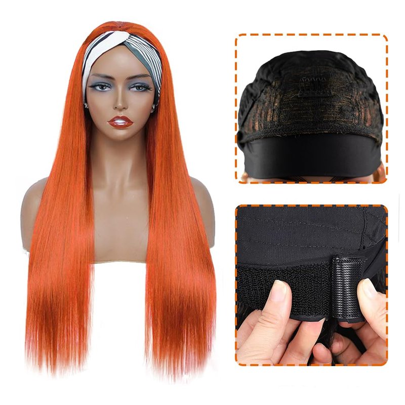 YiweYowe 26 Inch #350 Orange Headband Wig Human Hair 150% Density Grade 8A Unprocessed Brazilian Virgin Hairs Machine Made Orange Straight Headband Wig Human Hair None Lace Front Wig