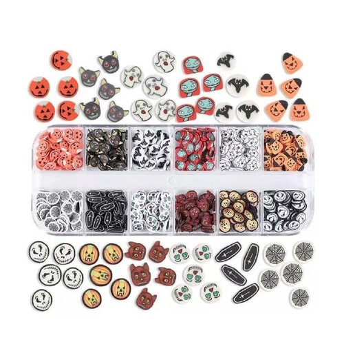 2 Boxes Halloween Nail Charms 3D Ghost Pumpkin Face Spider Web Bat Skull Spider Nail Art Supplies Decorations Halloween Nail Art Charms for Women (24 Grids)