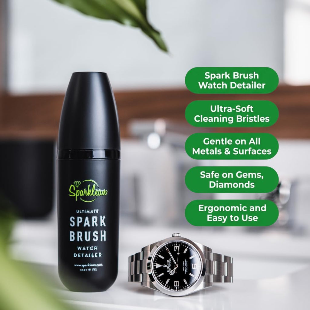 Sparklean SparkBrush Watch Cleaning Brush + Diamond Ring Cleaning Kit · Pre-Filled Solution · 200+ Cleans · Ammonia-Free pH-Balanced · Steel Gold Ceramic Titanium Rubber · Made in USA Since 2003