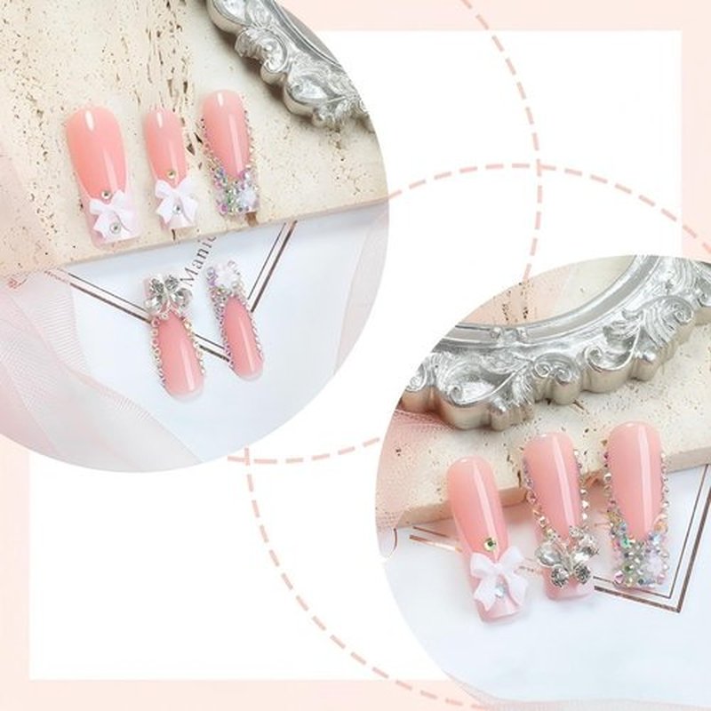 Rchovsam Long Square Press on Nails xxl French Tip Nails Press Ons Butterfly Diamond Bow-tie Design False Nails Full Cover Handmade Acrylic Fake Nails Gift for Women 24pcs