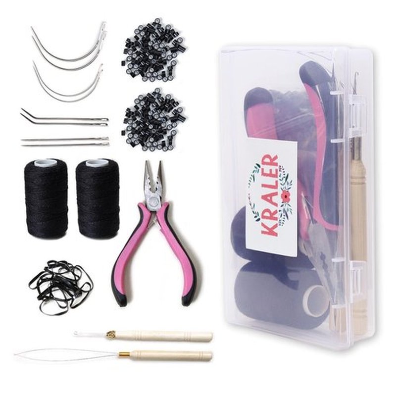 Kraler Hair Extension Tools Kit 200 Silicone Beads 1 Three Hole Pliers 2 Sewing Thread 1 Loop Tool 1 Crochet Hook 4 Types Sewing Needles 1 Bag Black Mini Rubber Hair Elastic with Storage Case (Black)