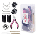 Kraler Hair Extension Tools Kit 200 Silicone Beads 1 Three Hole Pliers 2 Sewing Thread 1 Loop Tool 1 Crochet Hook 4 Types Sewing Needles 1 Bag Black Mini Rubber Hair Elastic with Storage Case (Black)