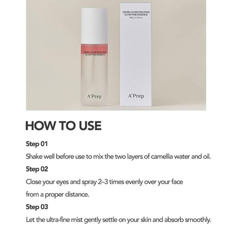 A'Prep Camellia Revitalizing Glow Fine Essence - Hydrating Facial Spray Serum & Setting Spray for Makeup with Niacinamide & Hyaluronic Acid - Korean Face Mist 80ml