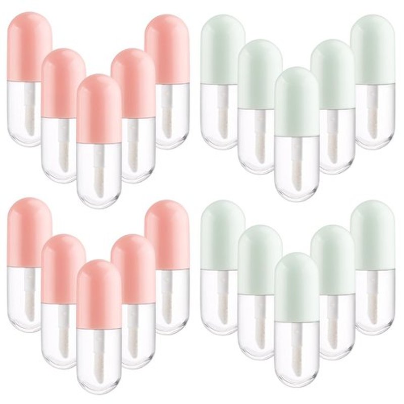 BOSMIOW 20pcs 5ml Mini Clear Plastic Lip Gloss Tubes Empty Capsule Shaped Lipbalm Bottle Travel Size Lipstick Tubes,DIY Lip Gloss Container Vials with Wand Brush,2Colors