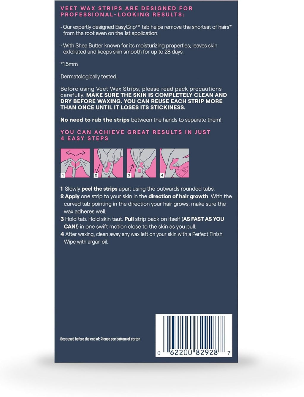 VEET Ready-To-Use Waxing Kit For Women, Wax Strips For Body Hair Removal, Wax Kit For Legs and Body, Personal Care Product, Hair Remover, 40ct Waxing Strips, 4ct Body Wipes (Pack of 3)