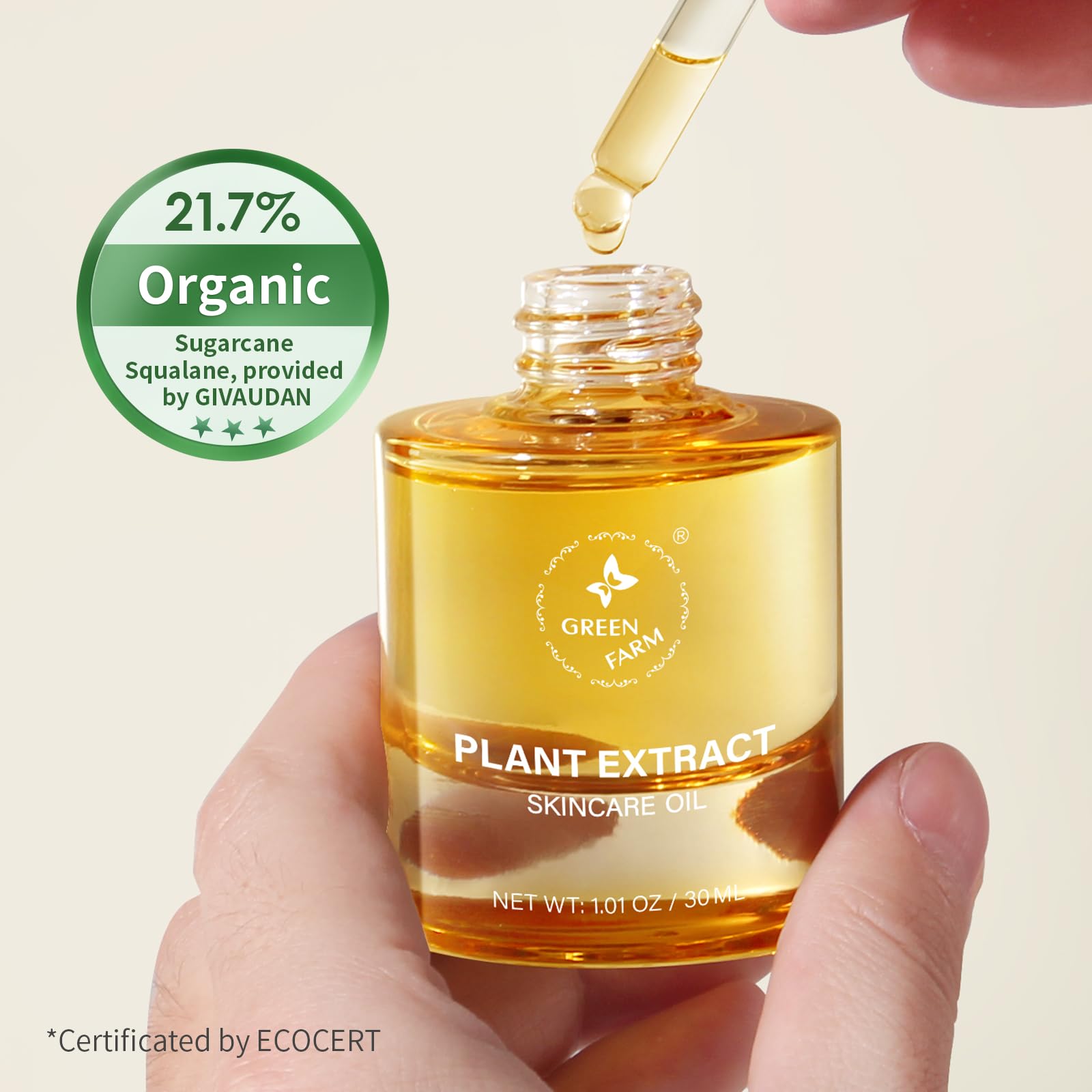GREEN FARM Face Oil with 21.7% ECOCERT Organic Squalane & Vitamin C - Plant-Based, Non-Greasy Facial Oil for Dry, Sensitive Skin - Anti-Aging, Brightening, Gua Sha Oil, 1 fl oz