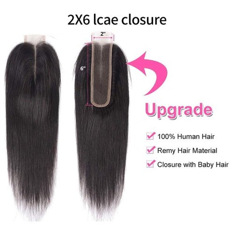 Lace Closure 2x6 HD Straight Lace Closure Human Hair 14 Inch Brazilian Virgin Hair Free Part 100% Human Hair Extensions for Black Women Pre Plucked Natural Color