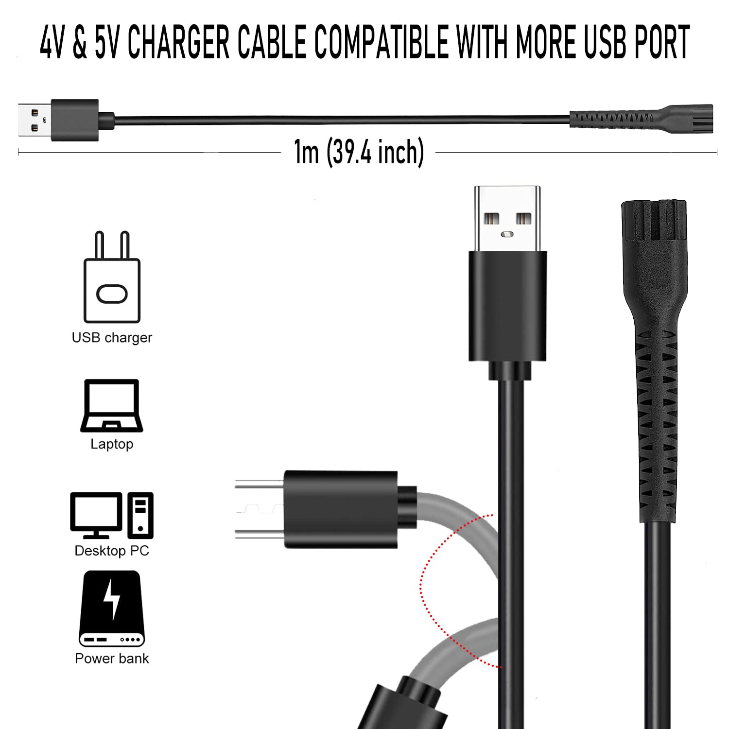 KAYNWAY Charger Cord for Wahl 8164 Finale & 8173 Vanish Shaver, Replacement Charging Cable Power Cord for Wahl Magic Clip Senior Sterling-4 Detailer Lithium-Ion Pro Clippers (USB Black)