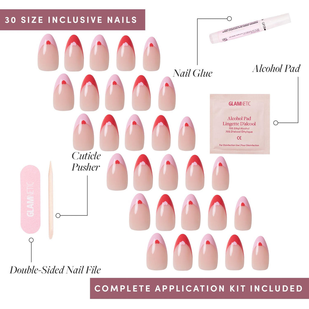 Valentines Day Glamnetic Press On Nails - Pure Hearted | Glossy, Semi-Transparent Short Almond Nails with Heart Accents, Salon Quality | 15 Sizes - 30 Nail Kit with Glue