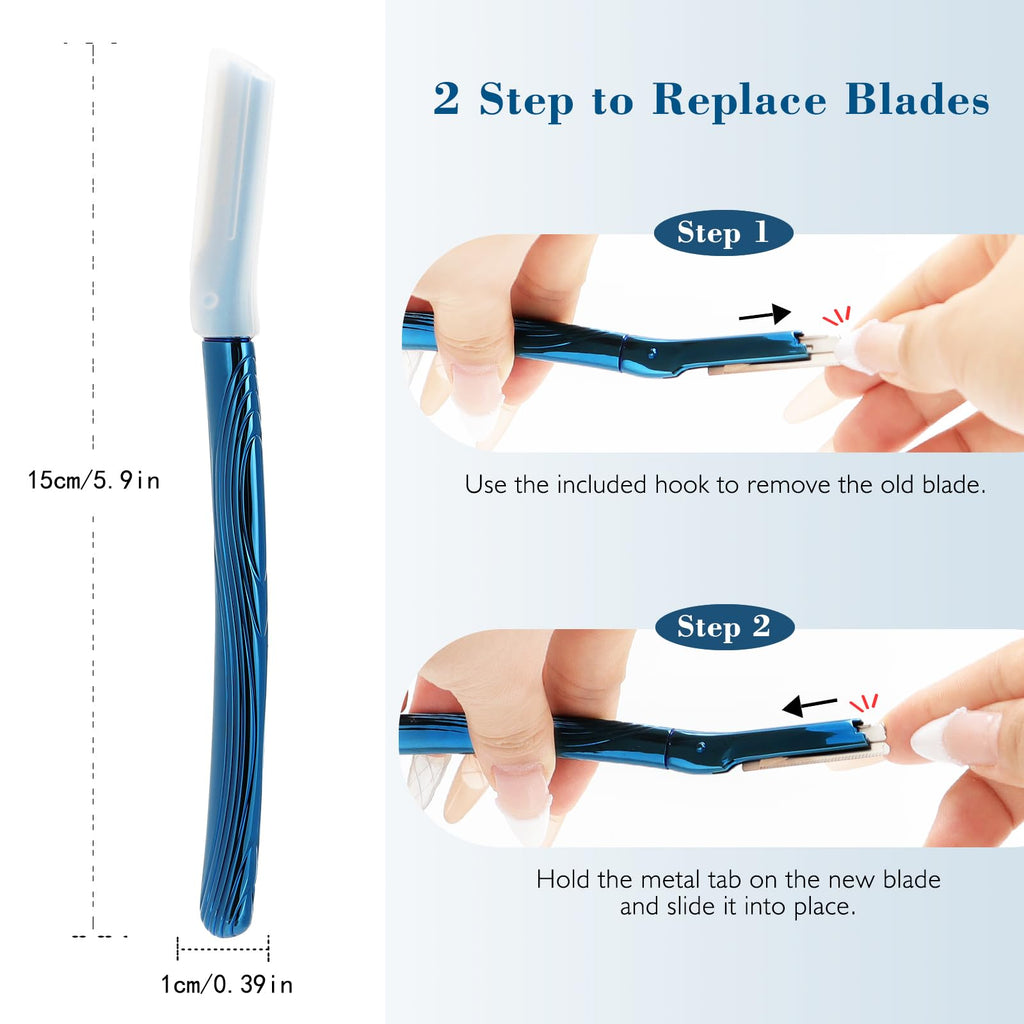 EROWZOLA Eyebrow Razor, Face Razors for Women and Men, Reusable Metal Handle with 6 Refill Blades, Eyebrow Trimmer with Precision Cover, Dermaplane Razor, Skin Care Tool - Blue