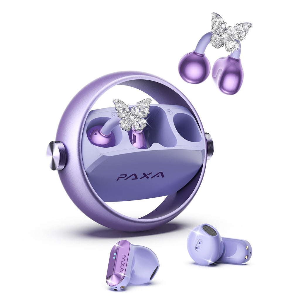 PAXA 3 in 1 Ctbuds Stylish Jewelry-Style Clip on Open Ear Headphones Wireless Earbuds, Instant Earring Mode, Ultra-Long 140H Play, Bluetooth 6.0, All-Day Wear for Work Fitness Daily Use, Purple