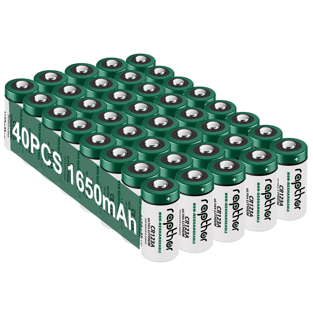 rapthor CR123A 40pack Lithium Batteries Packs 1650mAh High Power UL Certified 3V Non-Rechargeable Bulk Batteries with Built-in PTC for Flashlight Toys Alarm System Microphones