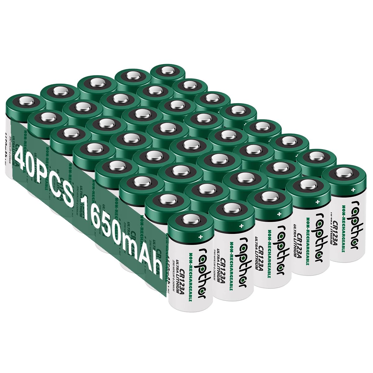 rapthor CR123A 40pack Lithium Batteries Packs 1650mAh High Power UL Certified 3V Non-Rechargeable Bulk Batteries with Built-in PTC for Flashlight Toys Alarm System Microphones