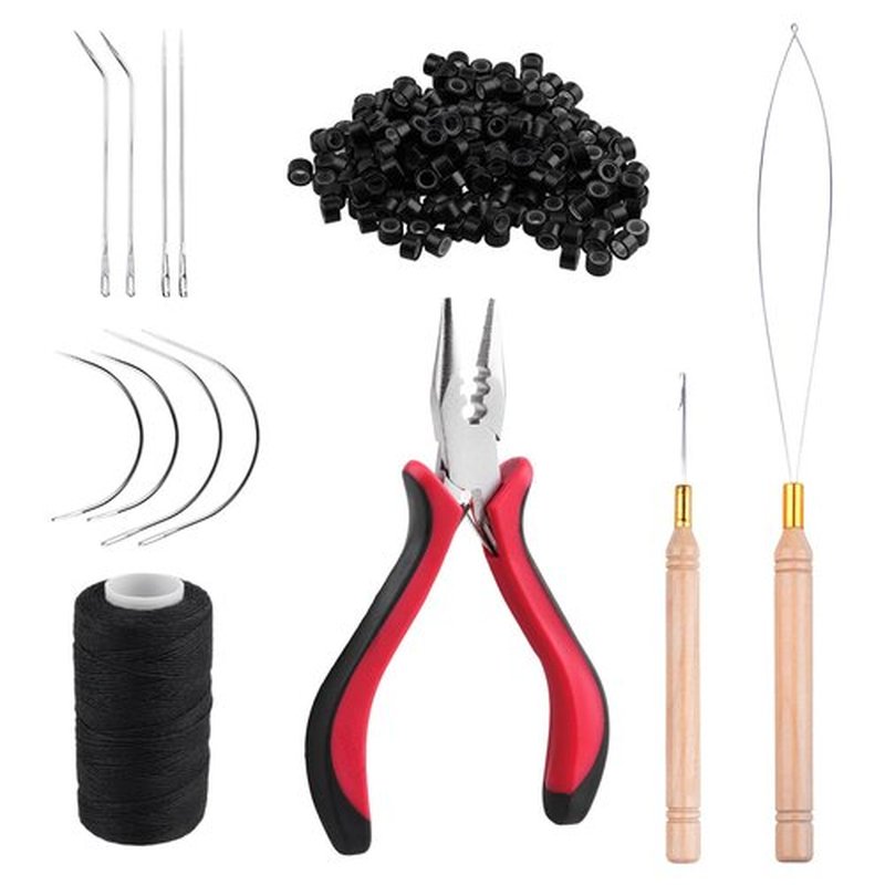 DOORES Hair Extensions Tool Kit, Sew in Weft Hair Extensions Tool Kit, 200 Pcs Silicone Beads, 4 Types Crochet Needles, 1 Pulling Loop, 1 Crochet Hook, 1 Thread, 1 Three Hole Plier, (Black)