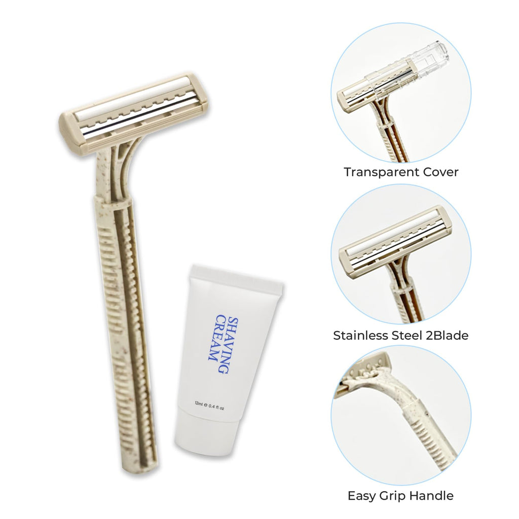 Disposable Shave Kit for Men &Women - Wheat Straw Razors and Cream Bulk, Individually Wrapped Portable Toiletries Amenities for Hotel, Airbnb, Homeless, Shelter, Charity, Camping and Travel