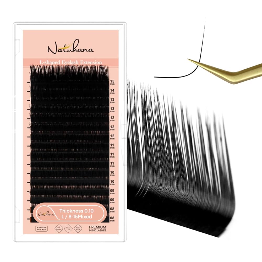 NATUHANA Classic Eyelash Extensions L Shaped Volume 0.10 L Curl Thickness 8-15mm,Matte Black Individual Eyelashes Tray Professional Supplies for Lash Techs(0.10-L,8-15 Mix)