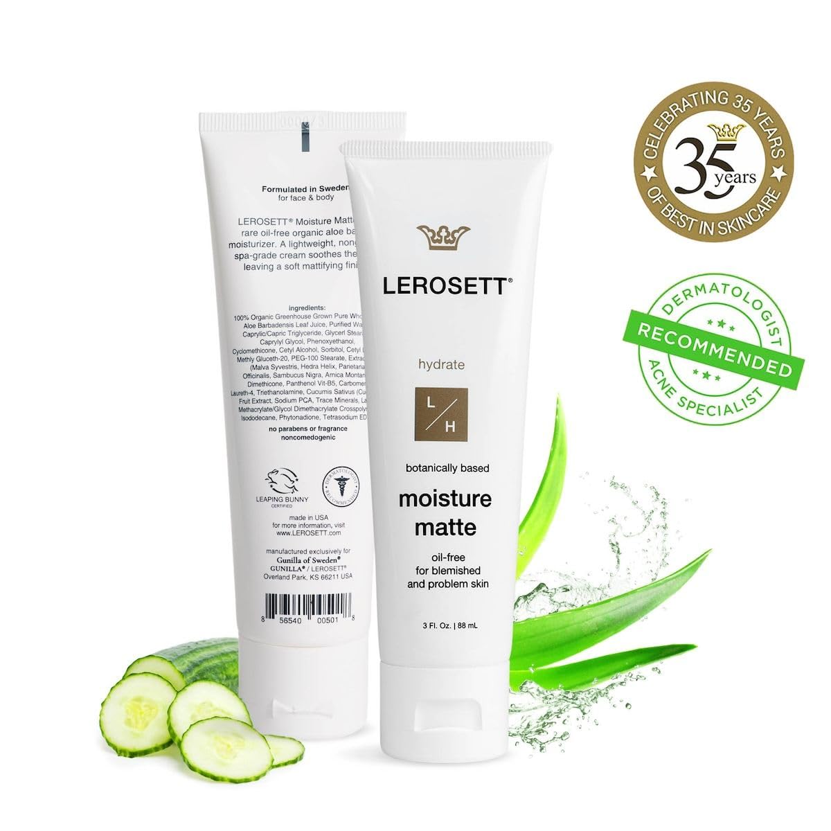 Gunilla Of Sweden LEROSETT Moisture Matte Oil-Free Daily Moisturizer for Acne Prone Skin, Non-Greasy, Lightweight, Non-Comedogenic with Organic Aloe Vera + 5-Herbal Extracts, Vit-C, E 1 oz