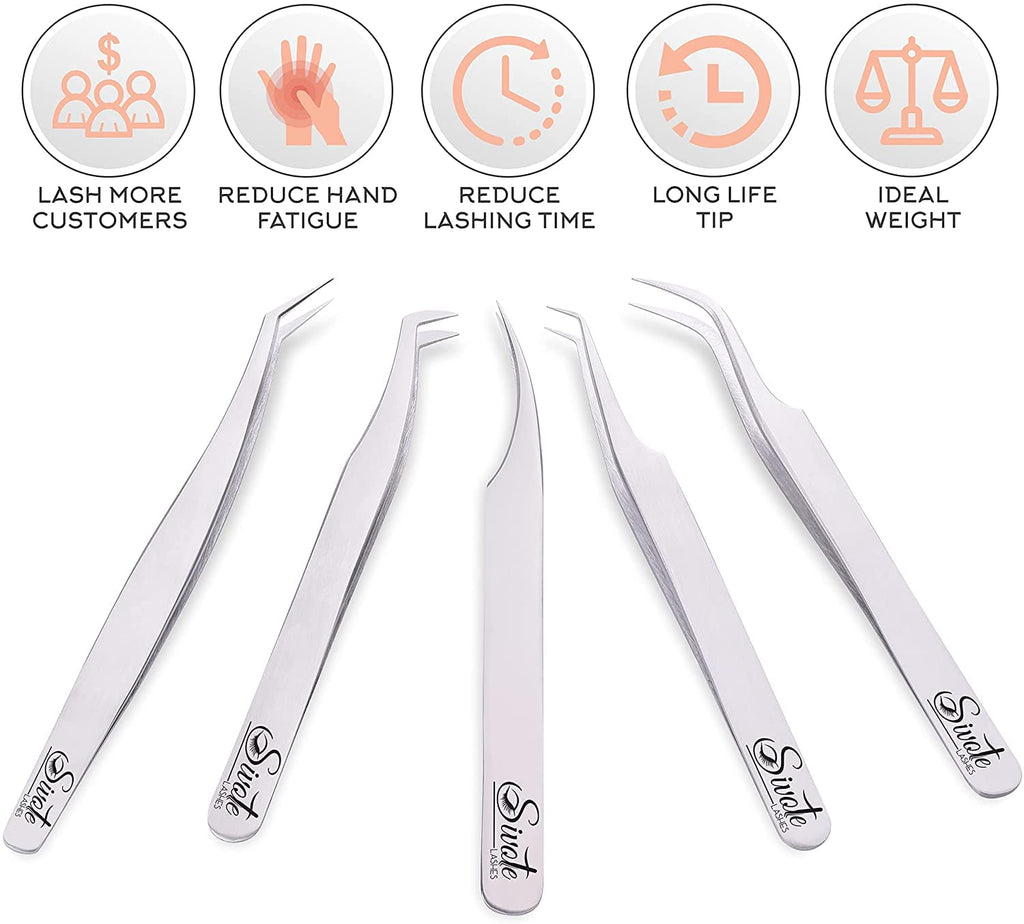 Eyelash Extension Tweezers for Classic & Volume Lashes, 5-Pack, Silver