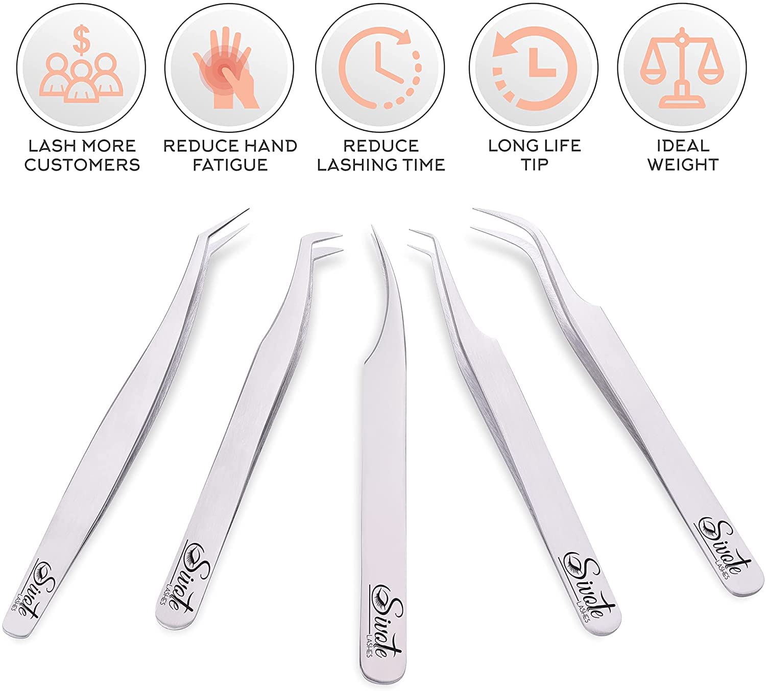 Eyelash Extension Tweezers for Classic & Volume Lashes, 5-Pack, Silver