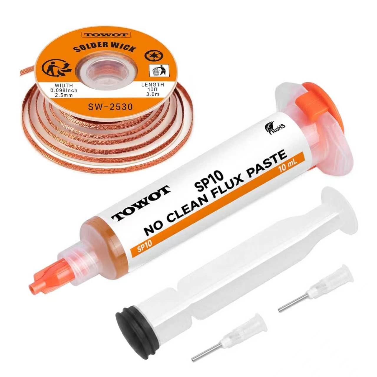 TOWOT 10ft Solder Wick Braid & No-Clean Soldering Flux Paste (10cc) - Desoldering Kit for Electronics Repair, PCB, Circuit Board Rework
